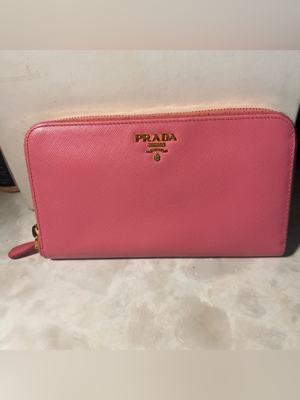 Prada Pink Saffiano Zip-Around Wallet with Gold Logo